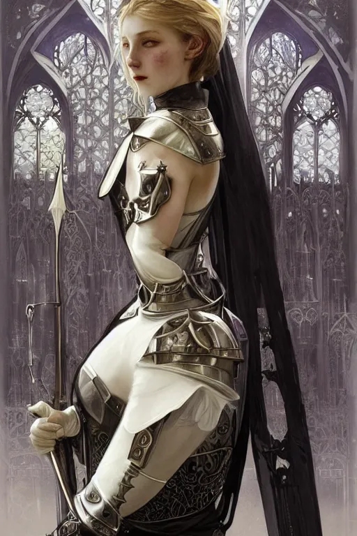 Image similar to beautiful luxury and evil and victorian and supernatural young female medieval white armor knight portrait+smoky eyes+front face with light flowing hair, ultradetail face, ruined gothic cathedral, art and illustration by tian zi and craig mullins and WLOP and alphonse mucha, ssci-fi, fantasy, intricate complexity, human structure, hypermaximalist, fantasy character concept, dynamic lighting, neon light, watermark, blurry, hyperrealism 8k