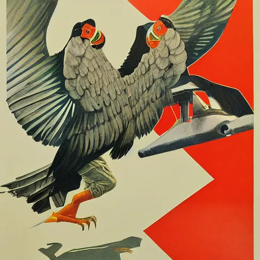 Image similar to a detailed and complex uncut full body soviet propaganda poster depicting a dromaius in military uniform. painting by dmitri moor