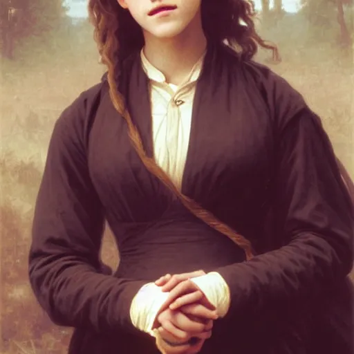 Image similar to Painting of Emma Watson as Hermione Granger. Young. Smiling. Happy. Cheerful. Prisoner of Azkaban. Art by william adolphe bouguereau. Extremely detailed. Beautiful. 4K. Award winning.