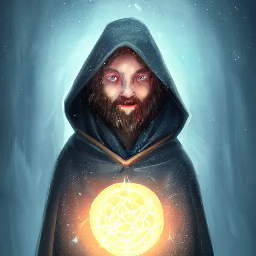 Prompt: A portrait of a young wizard in a dark cloak, he carries a snowglobe with humans trapped inside, emanating dimensional magic, artstation