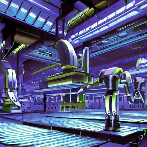 Image similar to robot factory, futuristic, mirror's edge, highly detailed, cold colors