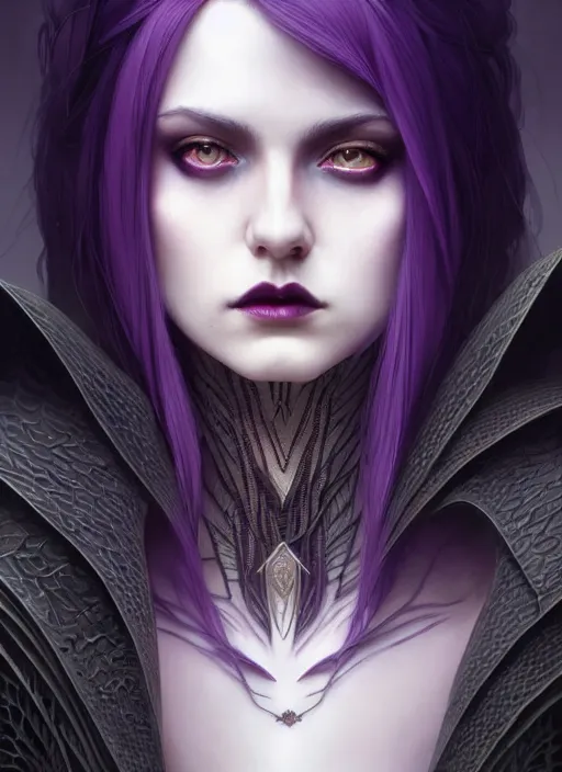 Image similar to symmetrical close up portrait dark witch, adventurer outfit large cloak, fantasy forest landscape, dragon scales, fantasy magic, undercut hairstyle, short purple black fade hair, dark light night, intricate, elegant, sharp focus, illustration, highly detailed, digital painting, concept art, matte, art by wlop and artgerm and greg rutkowski and alphonse mucha, masterpiece