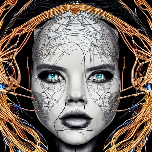 Image similar to the anatomy of a head of wires with electric chrome roses that resemble a beautiful woman, an ultrafine detailed illustration by james jean, intricate linework, bright colors, final fantasy, behance contest winner, symmetry, vanitas, angular, altermodern, unreal engine 5 highly rendered, global illumination, radiant light, detailed and intricate environment