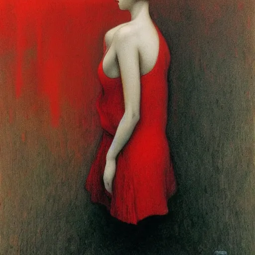 Prompt: portrait of pale white young teen girl in old red dress with black dark short hairs by Beksinski