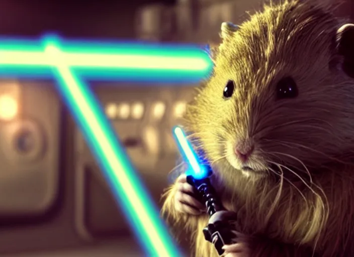 Image similar to movie still, star wars, hamster wielding a lightsaber, cinematic, sharp focus, cinematic lighting, 8 k