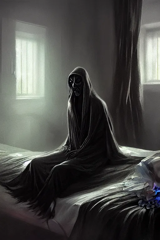 Prompt: death waking up from the bed , death is wearing black robe, together with him Vesa Matti Loiri sunrise coloring the room,fantasy, intricate, elegant, highly detailed, digital painting, artstation, concept art, smooth, sharp focus, illustration, art by Ilja Repin