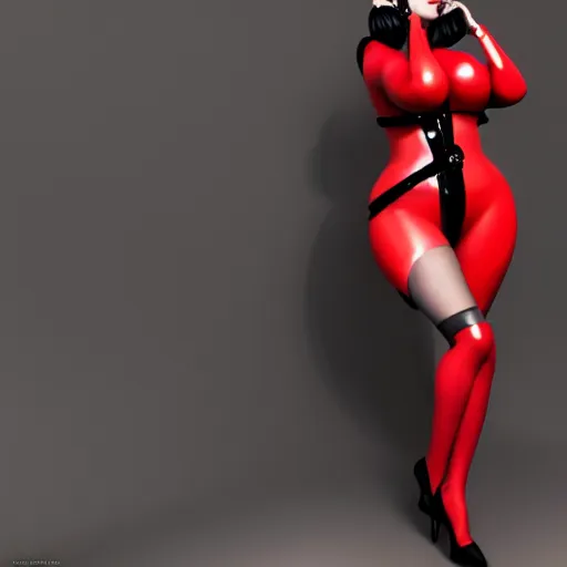 Prompt: curvy feminine goth bombshell in an elaborate polished red-black latex outfit, thin waist, cgsociety, photorealistic, sublime-classy ambience, idealistic, 16k, smooth, sharp focus, trending on ArtStation, volumetric lighting