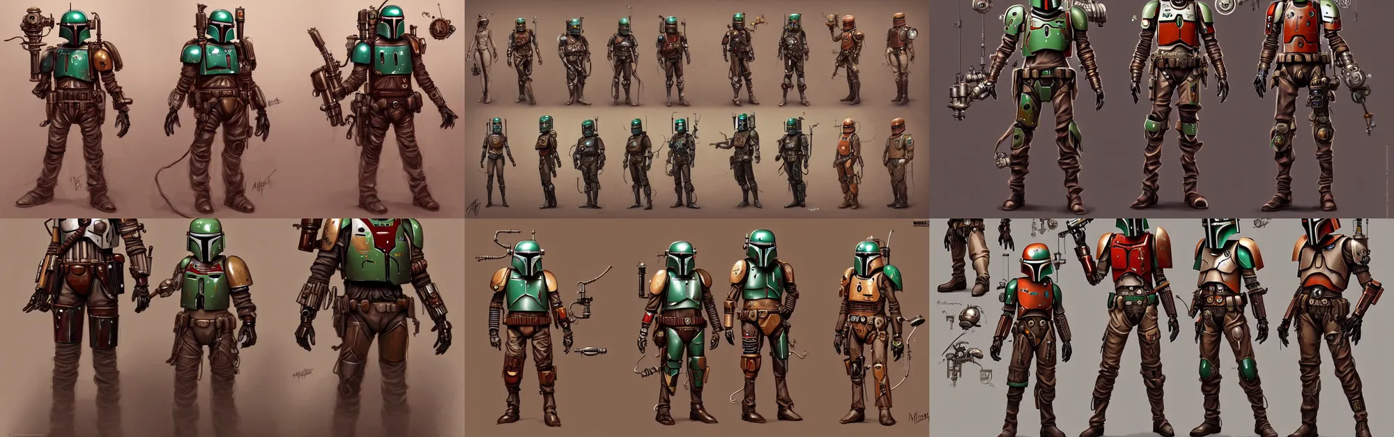 Prompt: concept art of steampunk automaton boba fett video game characters head designs, unique styles, clockwork, rusty, by marc brunet and artgerm