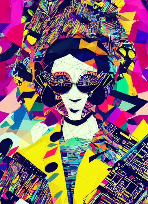 Prompt: portrait of a lowpoly rave girl wearing kimono made of musicassettes in a music store, techno graphic design by kurt schwitters james jean liam brazier victo ngai tristan eaton, yellow violet black