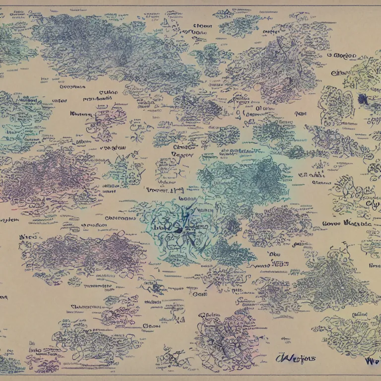 Image similar to imaginary map of a fantacy world, different realms, blueprint, infographic, on paper, natural colors, with notes, highly detailed