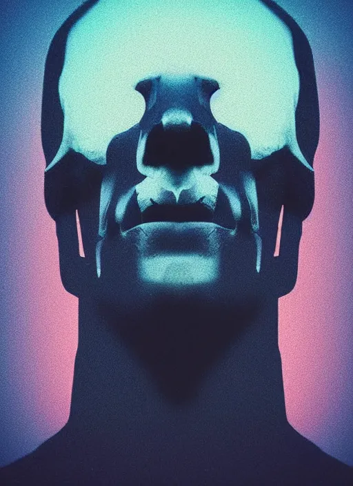 Image similar to statue of hercules, half his face as a skull, beeple, vaporwave, retrowave, abstract neon shapes, tonal separation, black background, glitch, pixel sorting, strong contrast, pinterest, trending on artstation