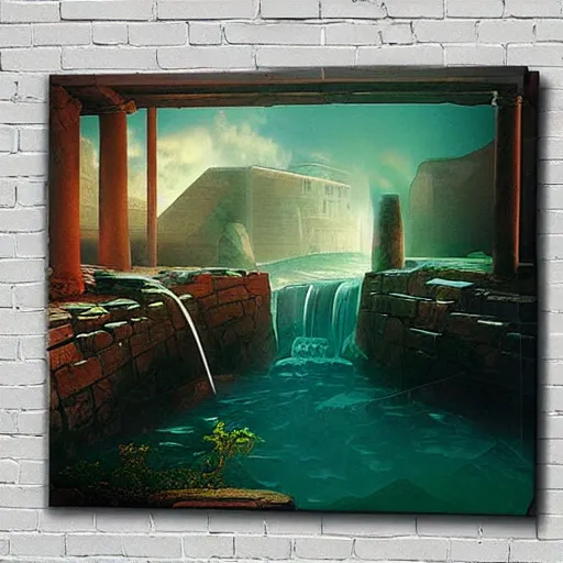 Image similar to ancient egypts interior with waterfalls, digital art, retrowave