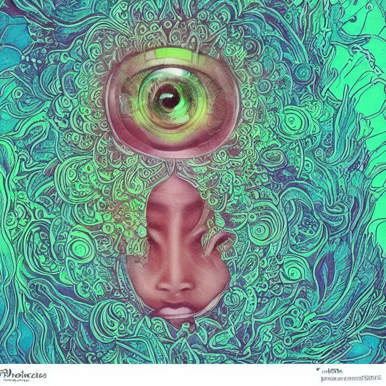 Prompt: human smiling meditating supreme peace immense knowledge infinite color dmt art cyan green black pair of eyes iris staring at viewer intense vibrant stare