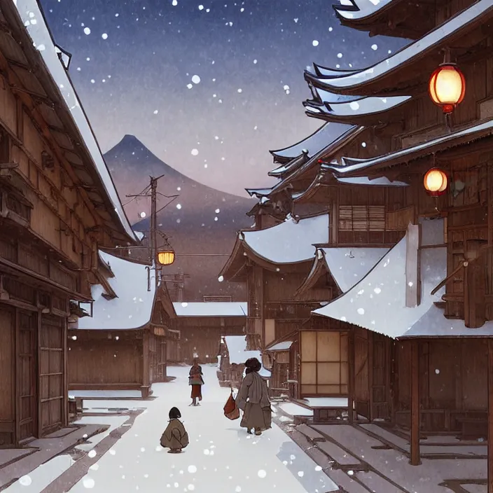 Image similar to japanese rural town, no people, winter, in the style of studio ghibli, j. c. leyendecker, greg rutkowski, artem