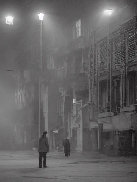 Image similar to film still of post - soviet suburbs, lights are on in the windows, deep night, post - soviet courtyard, cozy atmosphere, light fog, street lamps with orange light, several birches nearby, several elderly people stand at the entrance to the building