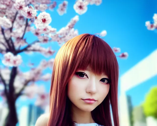 Image similar to selfie of an japanese gyaru with beautiful face and modern clothes, sakura blooming in the background, bokeh, depth of field, dramatic lighting, cinematic, vivid colors, matte painting, vivid color scheme, trending on artstation, unreal engine