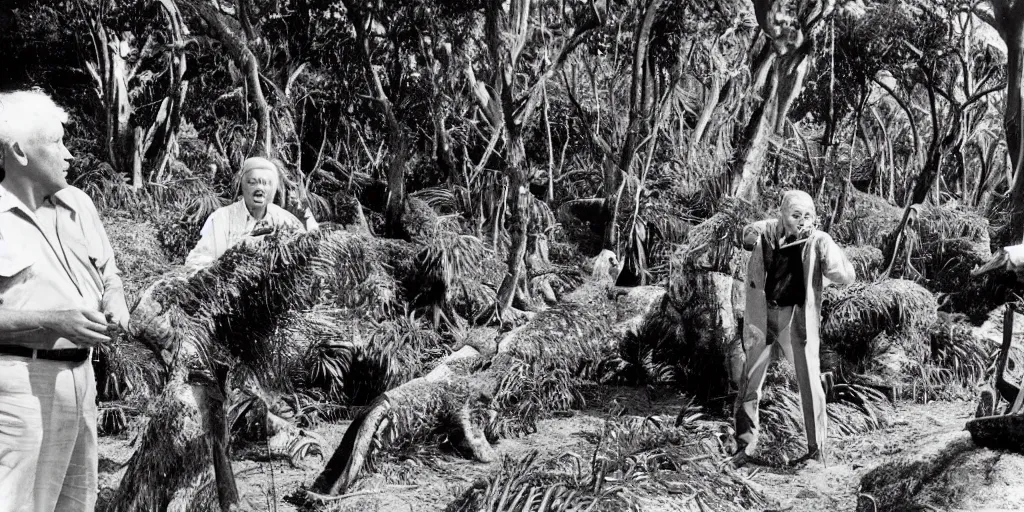 Prompt: david attenborough interviewing men cutting down extremely large kauri trees. great barrier island, new zealand. 1 9 5 0 s tv show. beach with large boulders in background. nikau palms.