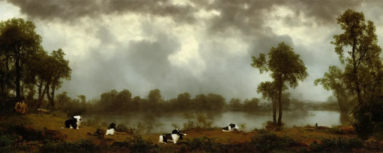 Image similar to a picture of a border collie by the lakeside in the rain, robert cleminson, carl friedrich deiker, albert bierstadt, heavy downpour, dog in the rain