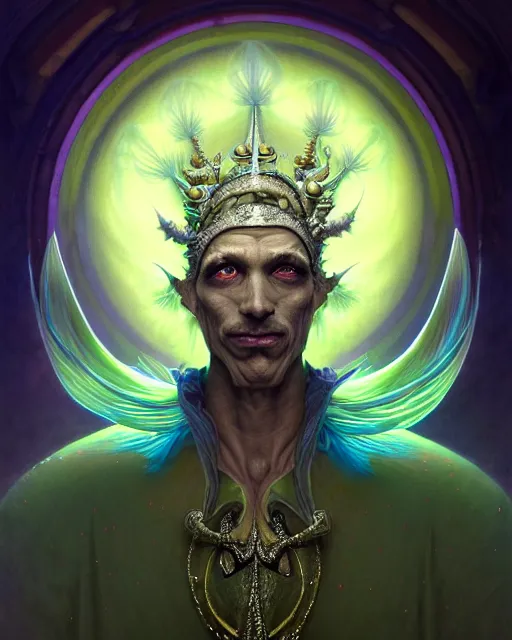 Image similar to front shot of a court jester character, hyperdimensional, bioluminescent ethereal, ((intricate)), elegant, highly detailed, centered, (((artstation, concept art, smooth, sharp focus, artgerm, Tomasz Alen Kopera, Peter Mohrbacher, donato giancola, Joseph Christian Leyendecker, WLOP, Boris Vallejo))), mugshot!!!!!, ugly!!!!!!, octane render, nvidia raytracing demo, grainy, muted