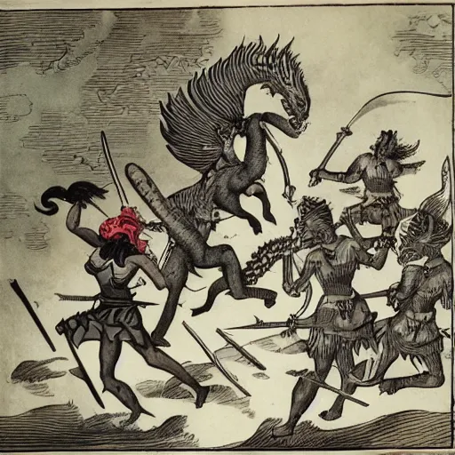 Prompt: woman barbarians slaying a silver dragon