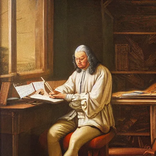 Image similar to highly detailed painting of bach writing a piece of music on a sheet of paper, he is inside of a wooden shack, 4 k resolution, by jaquis luis david, visible paint layers, renaissance.