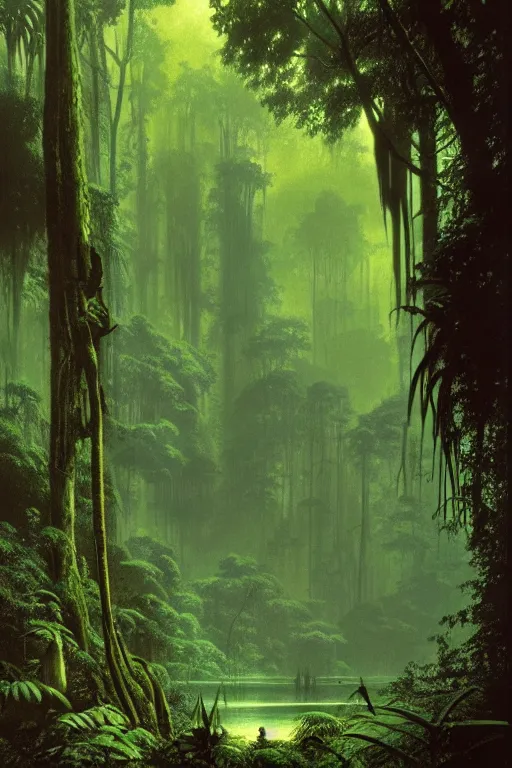 Image similar to emissary green endor jungle ( designated : ix 3 2 4 4 - a ) by arthur haas and bruce pennington and john schoenherr, cinematic matte painting, 8 k, dark color palate