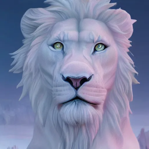 Image similar to beautiful portrait commission of a albino male furry anthro lion ice statue made entirely out of ice on display, detailed face , hyperdetailed. Character design by charlie bowater and makoto shinkai, detailed, inked, western comic book art, 2021 award winning painting
