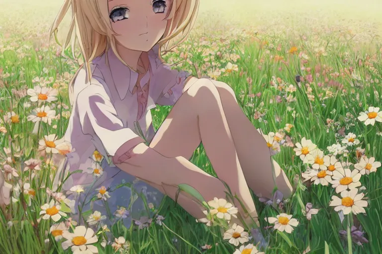 Image similar to beautiful anime transgender blonde girl sitting in a field full of flowers, highly detailed, realistic, dynamic lighting, cinematic, masterpiece, trending on artstation, in the style of studio Ghibli