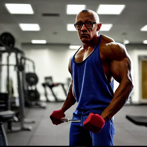 Image similar to photo of Gustavo Fring as a Bodybuilder in a gym, realistic, full body, 4k, dramatic, real