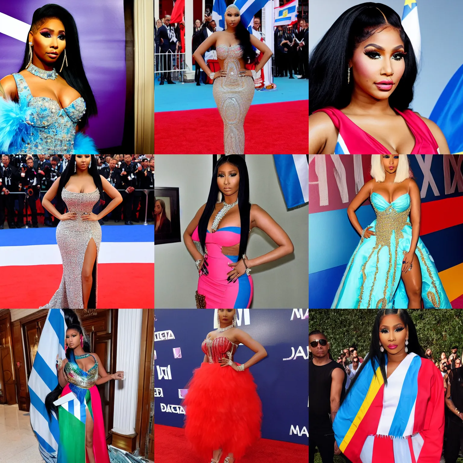 Prompt: Nicki Minaj in a formal dress, standing beside an Argentina flag, detailed picture