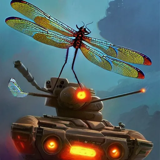Image similar to a horde of dragonflies using cables to lift a tank, fantasy, digital art by RHADS and Moebius, artstation