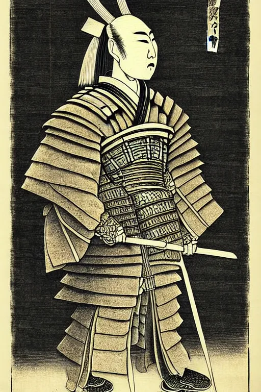 Prompt: ancient japanese samurai, copperplate print style, art by durer