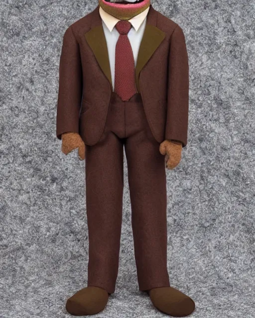 Image similar to dwight schrute with brown suit as a muppet. highly detailed felt. hyper real photo. 4 k.