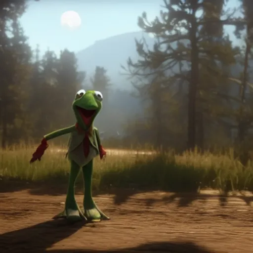 Prompt: Film still of Kermit the Frog in Red Dead Redemption 2 (2018 video game)