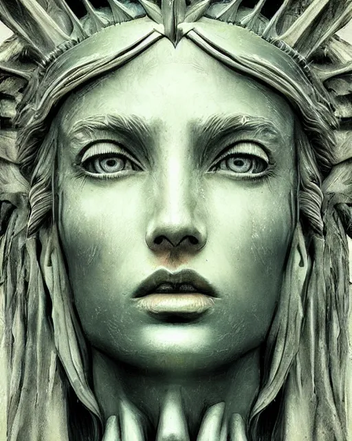 Image similar to portrait beautiful real woman as the statue of libertyhyper realistic face, beautiful eyes, fantasy art, in the style of greg rutkowski, intricate, hyper detailed, smooth