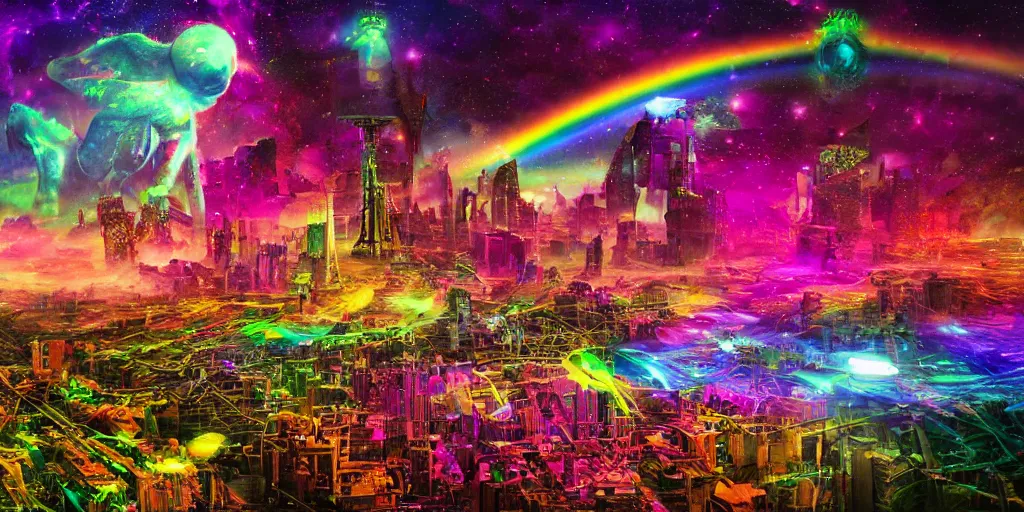 Image similar to proxima b psychedelic alien cityscape, light paint, macro, photorealistic, hyperrealistic, futuristic, in style of Lisa Frank, steampunk, cosmic, translucent, holographic, 32K, deep dream, rainbows, bright colors, high resolution, 4D, megapixel, UHD, HDR