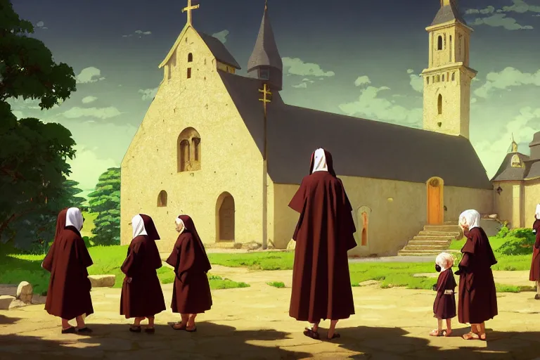 Image similar to baroque oil key visual environment concept art of nuns preaching to children at a world heritage monastery year 1 2 0 0, brutalist, dark fantasy, rule of thirds golden ratio, fake detail, trending pixiv fanbox, acrylic palette knife, style of makoto shinkai studio ghibli genshin impact jamie wyeth james gilleard greg rutkowski chiho aoshima