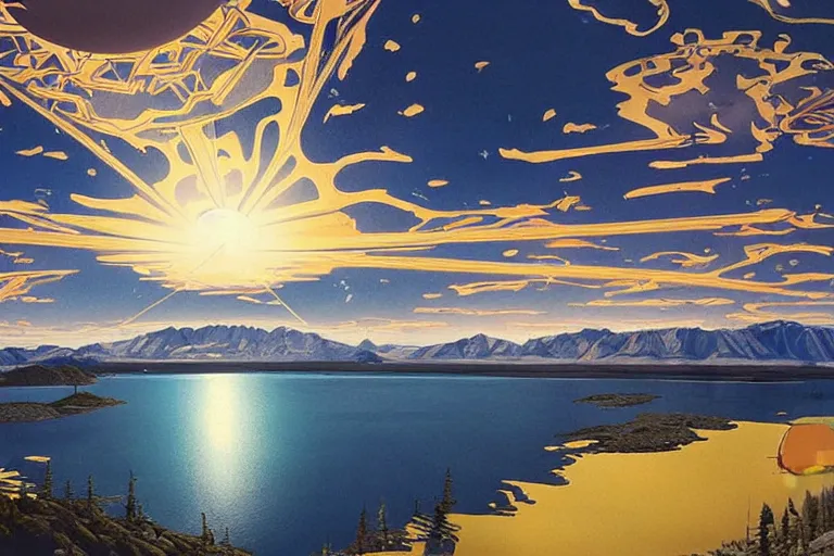 Prompt: a giant ((((metallic)))) floating sphere covered in canadian colorful aboriginal patterns!! hovering above a Yukon lake, (painted by Ralph McQuarrie), matte painting, very detailed, dramatic perspective, concept art