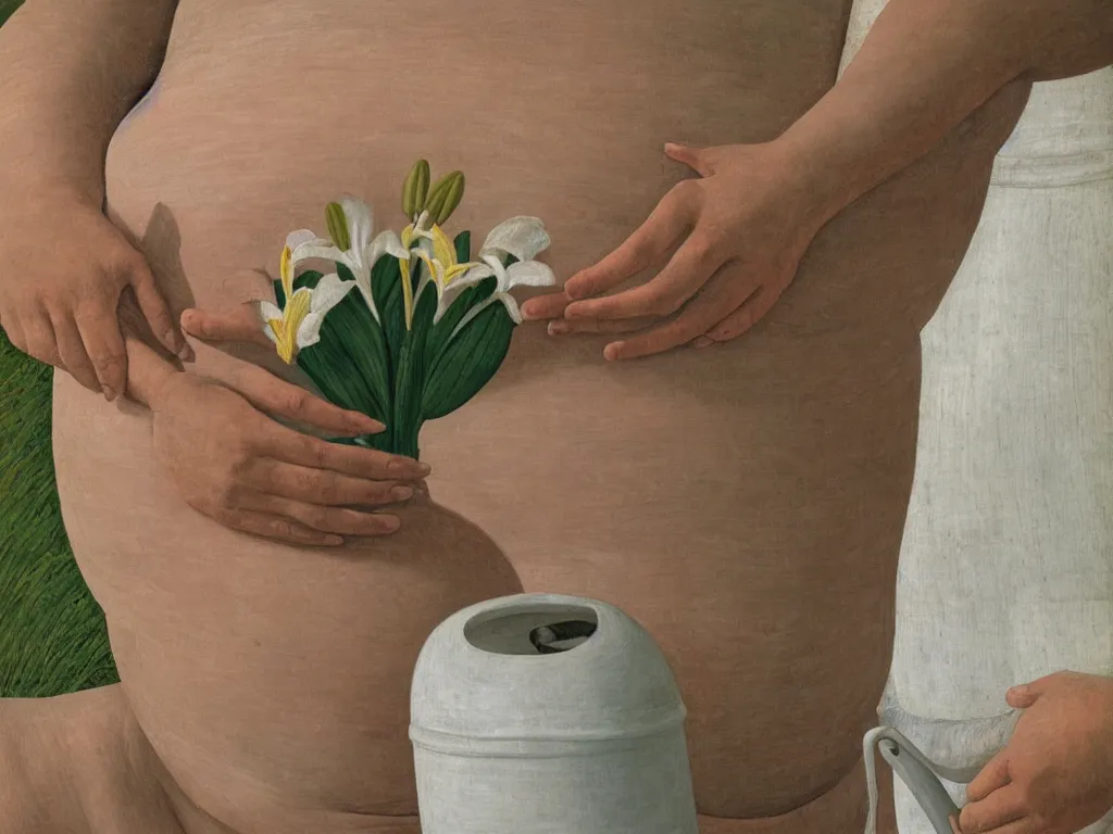 Image similar to Close up of delicate hands holding a white water jug, pregnant belly, lily flower. Painting by Alex Colville, Piero della Francesca, Morandi