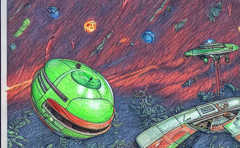 Image similar to intricately detailed color pencil drawing, retro spaceship crash landed on an alien forest landscape