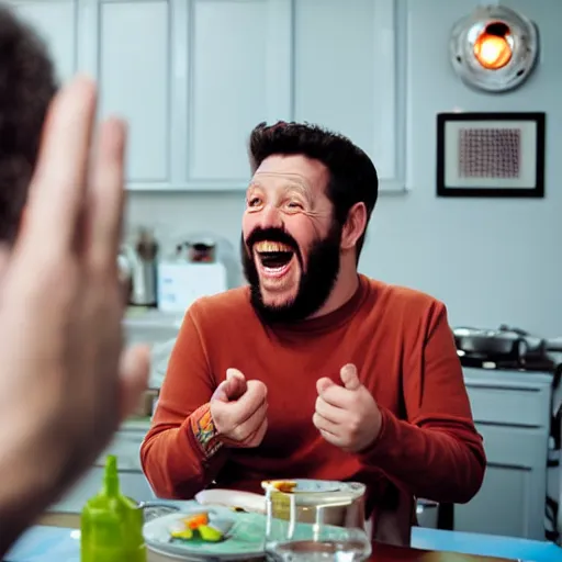 Prompt: sitcom starring man laughing hysterically at alien making joke