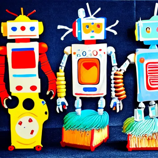 Image similar to three robots having a cool party birthday party, highly detailed