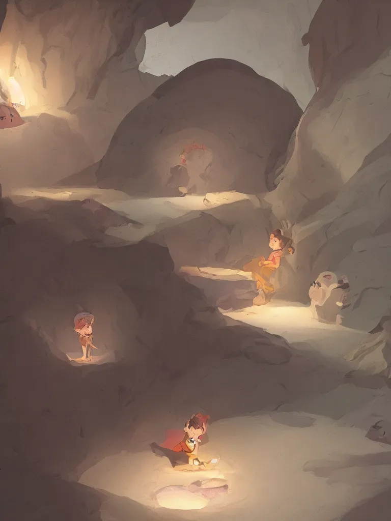 Image similar to lit child, in a dark cave, by disney concept artists, blunt borders, converging lines, soft light