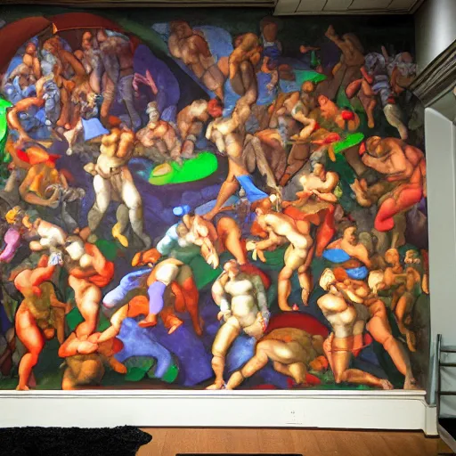 Image similar to a michelangelo mural of rave party