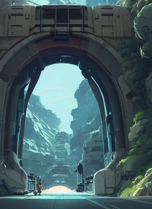 Image similar to canyon with giant gate entrance, nuclear powered, detailed, futuristic, cory loftis, james gilleard, atey ghailan, makoto shinkai, goro fujita, studio ghibli, rim light, exquisite lighting, clear focus, very coherent, plain background