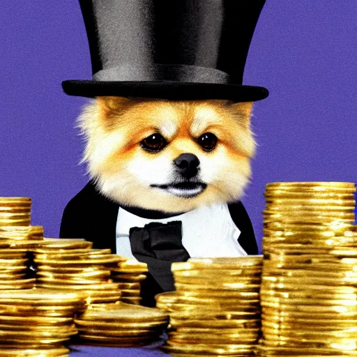 Image similar to A pomeranian wearing a top-hat and a monocle, sitting on top of a large pile of gold coins