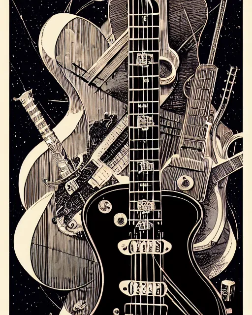 Image similar to a majestic steampunk alchemists guitar leaning on an guitar amp, two point perspective, furniture, high details, bold line art, by vincent di fate and joe fenton, inking, etching, screen print, masterpiece, trending on artstation, sharp, high contrast, hyper - detailed,, hd, 4 k, 8 k