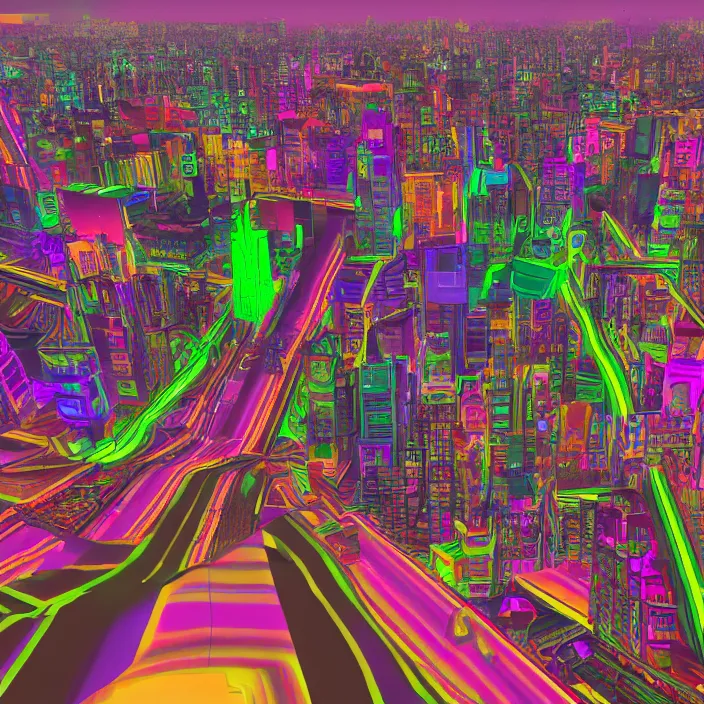 Image similar to wide ((wide)) photo of surreal city sky line (((dynamic neon lighting)) in chromatic dmt trippy style of fear and loathing unreal engine 50mm photorealistic