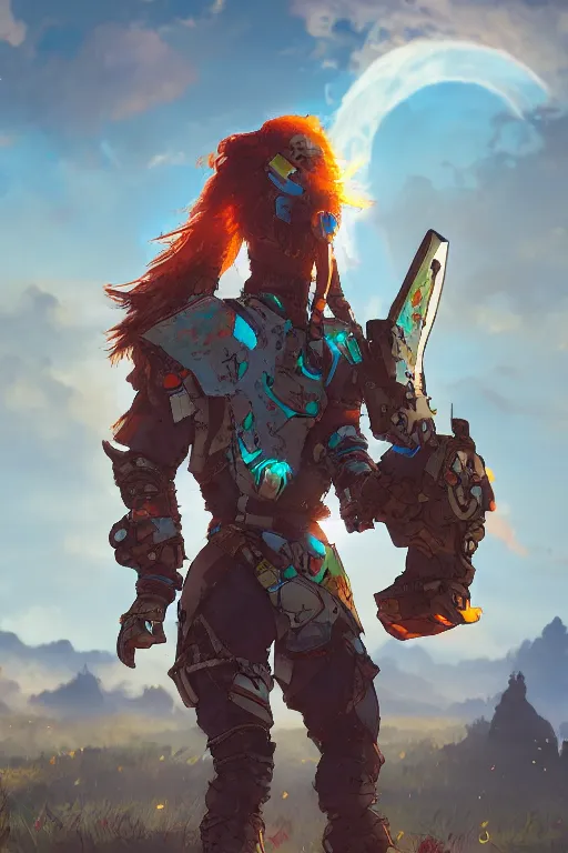 Image similar to combination suit armor aloy horizon forbidden west horizon zero dawn radiating a glowing aura global illumination ray tracing hdr fanart arstation by ian pesty and alena aenami artworks in 4 k tribal robot ninja mask helmet backpack