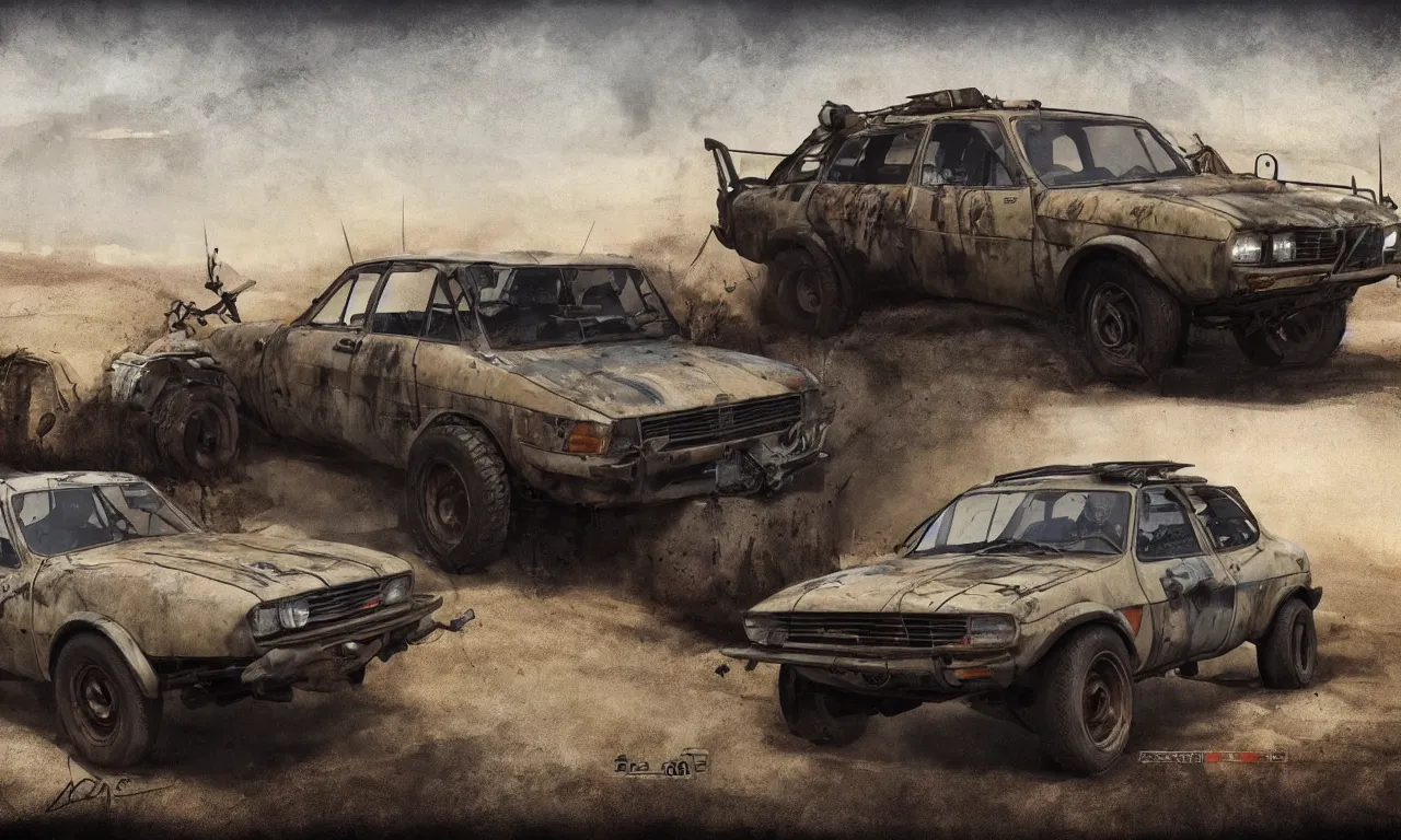 Image similar to a single Dacia 1310 in Mad Max, artstation, concept art